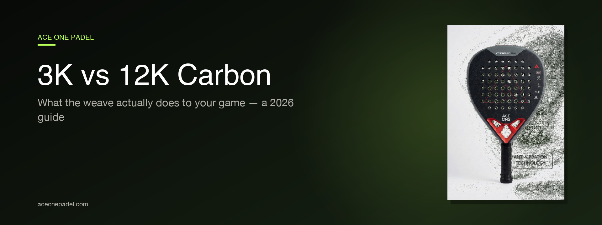 3K vs 12K Carbon Padel Rackets — Ace One Padel 2026 guide banner featuring the Cøre 12K racket