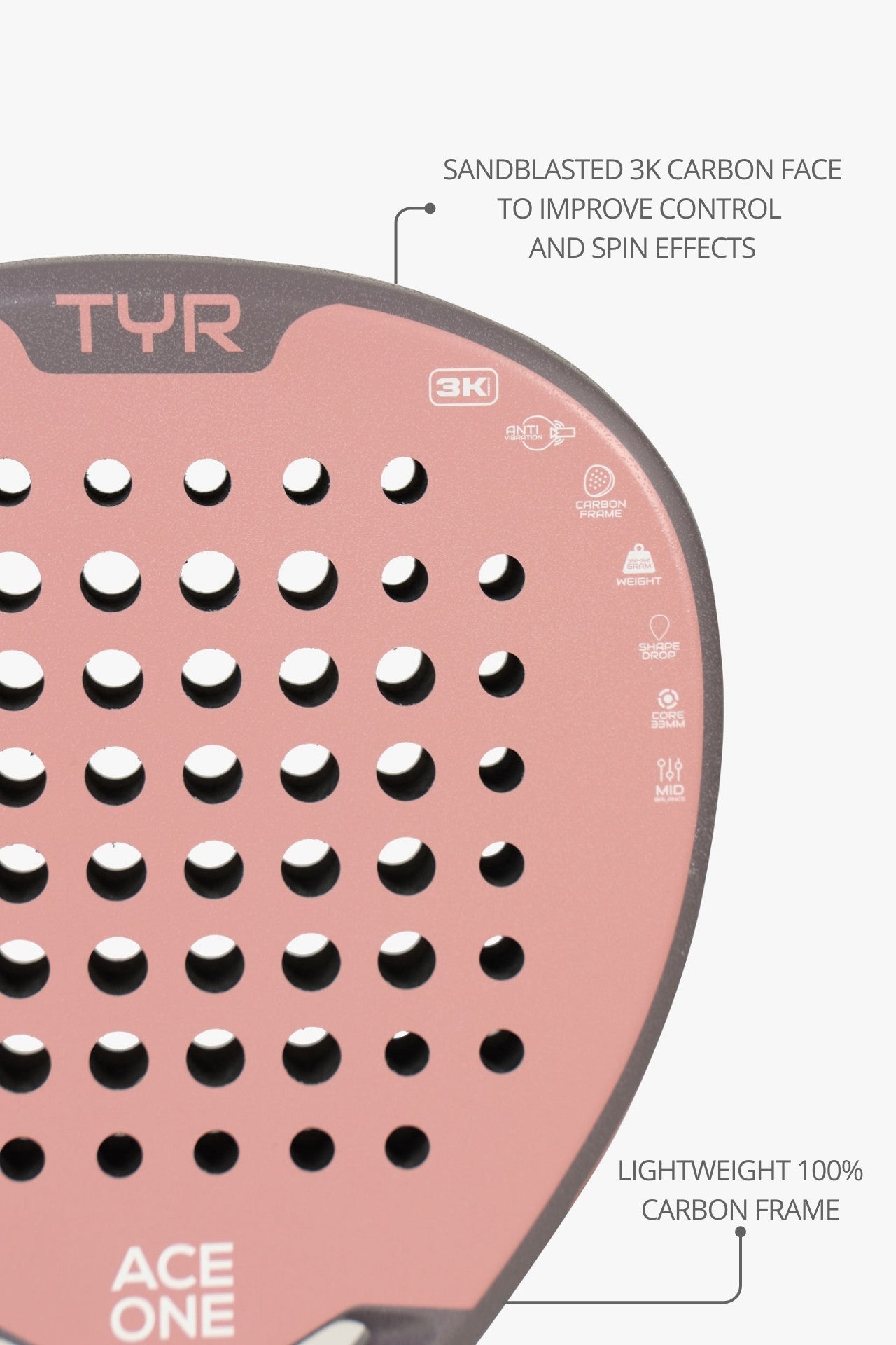 Raquette padel ACE ONE TŸR Pink profil et détail cadre