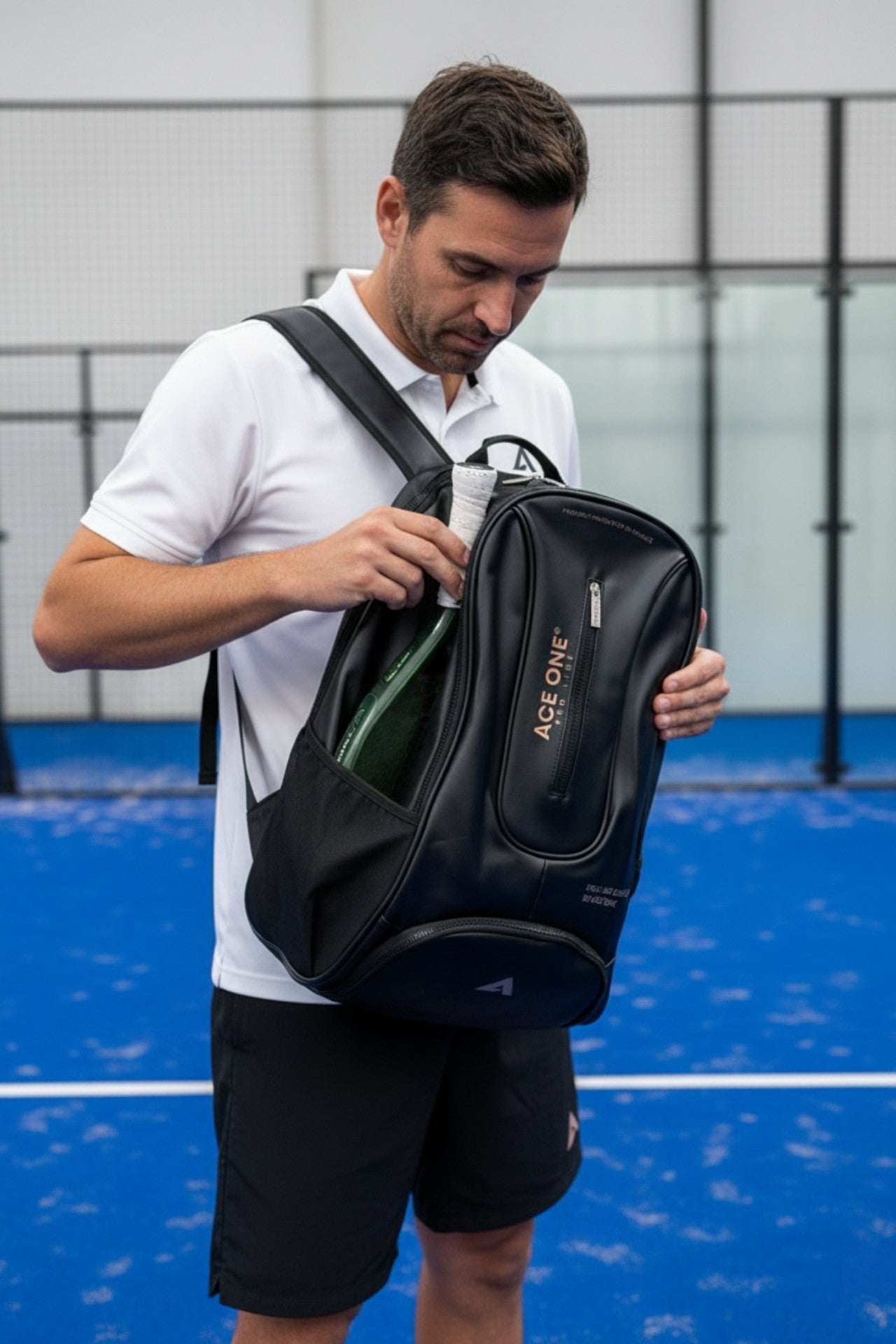 Joueur de padel transportant le sac à dos ACE ONE PRO-LINE noir du bureau au court de padel