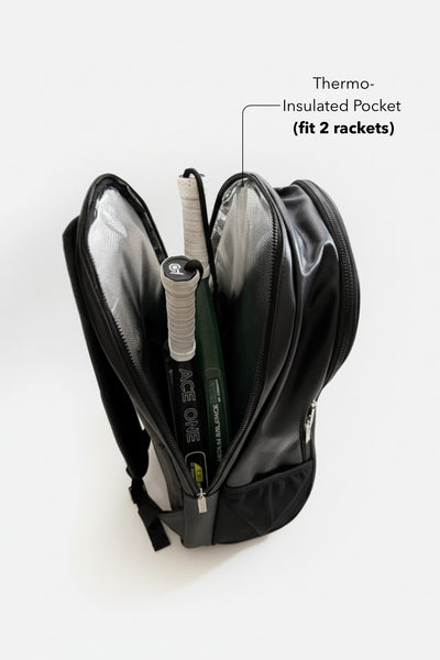 Sac à dos padel ACE ONE PRO-LINE ouvert laissant voir les raquettes à l'intérieur